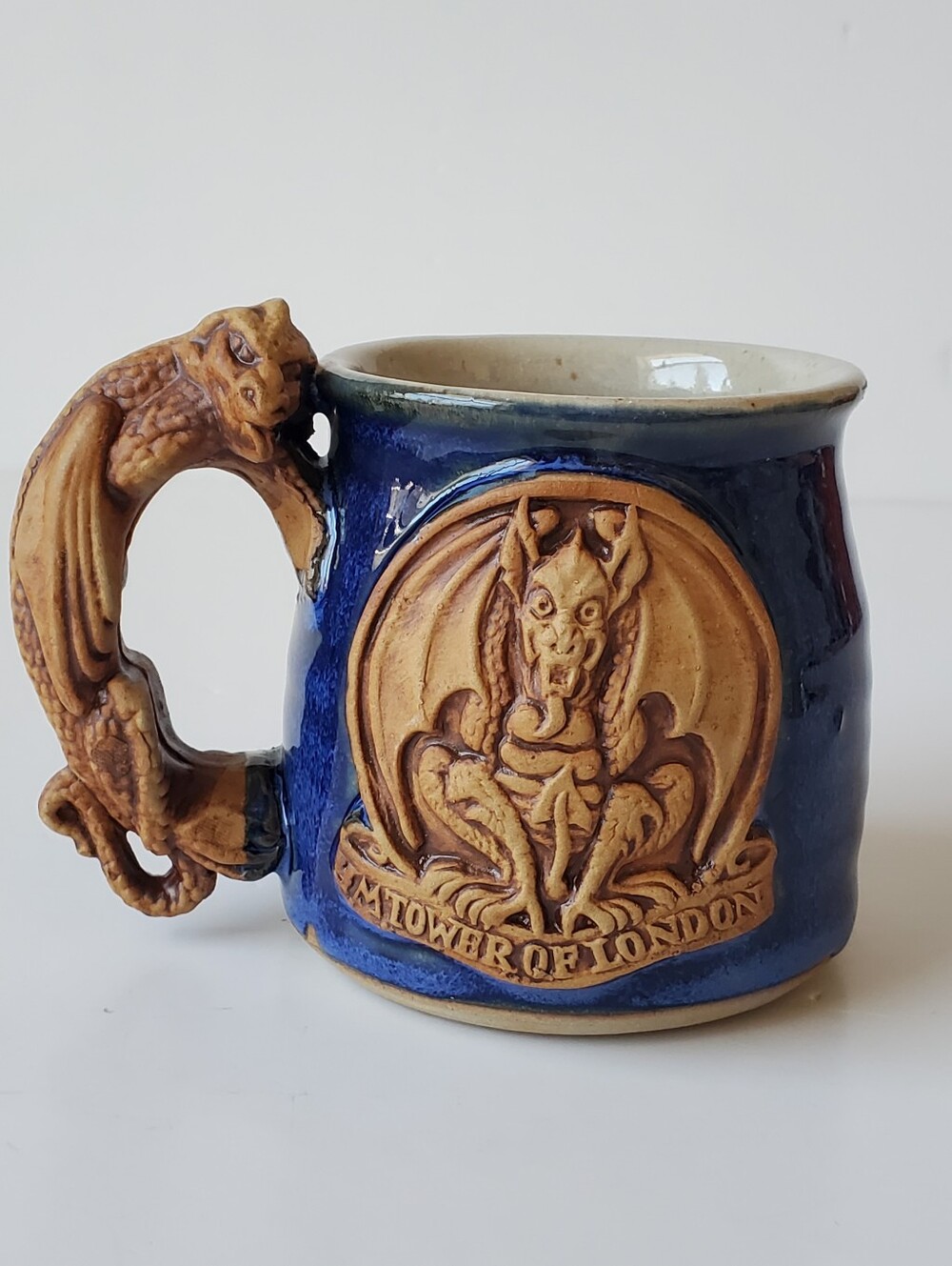 Stonebridge Pottery Tower of London Dragon Handle Vintage Blue Stoneware Mug Vtg